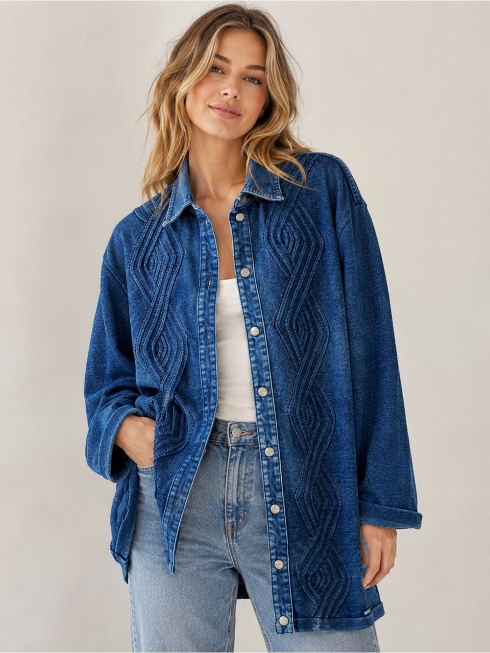 Vintage Blue Willi's Indigo Cotton Knit Cardigan Shirt Snap Button Jacket